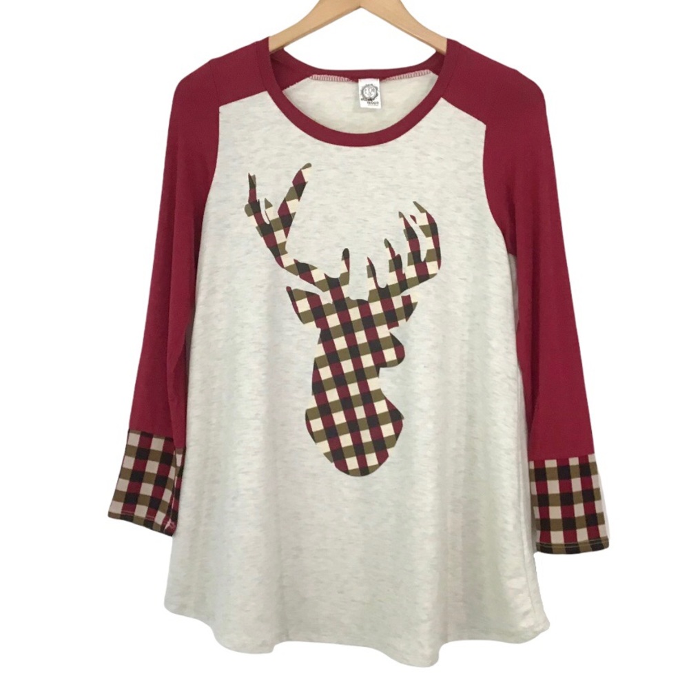 Sun & Moon Deer Silhouette Plaid Pattern Top Size S Long Sleeves Long Length NEW